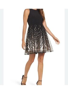 Vince Camuto Black Sleeveless Mini Dress with Metallic Silver Embroidered Skirt